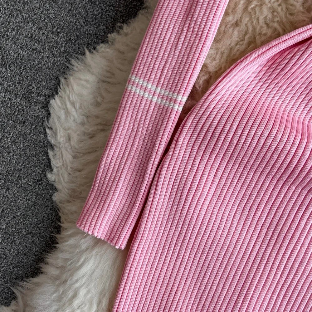 Women Dress 2025 Autumn Winter Elegant Rib Knit Long Pencil Dress with Belt Office Lady Bodycon Sweater Dress Vestidos
