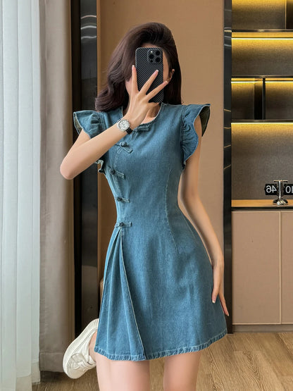 Women's ort Denim Dr A-Line Waist Cinching round Ne Button Sle High Waist Slimming Spring Summer Cotton Blend