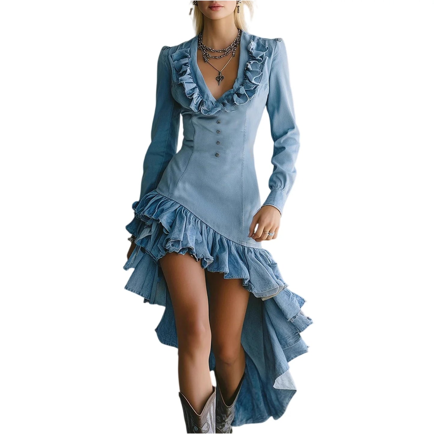 Retro Western Countryside Style Dress Ruffle Lace Collar Irregular Hem Dress Winter Women'S Fashionable Dress