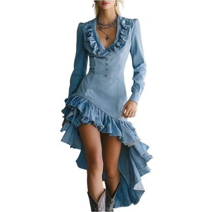 Retro Western Countryside Style Dress Ruffle Lace Collar Irregular Hem Dress Winter Women'S Fashionable Dress