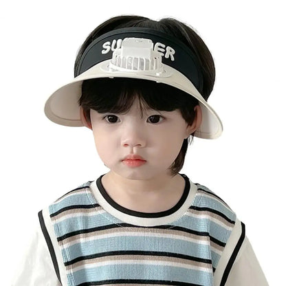 Summer Children Sun Hat with Mini Cooling Fan Empty Top Wide Brim Visor Hat Hiking Travel Sunscreen Hat Girls Boys Outdoor Sun P