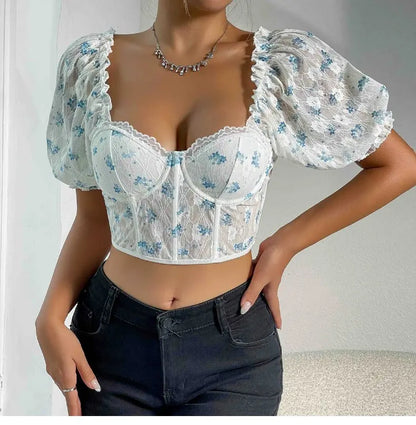 New Sle See-tough Lace Splice Fibone Little Vest ort Sve Women's T-irt Floral Sve European Sle Summer Top
