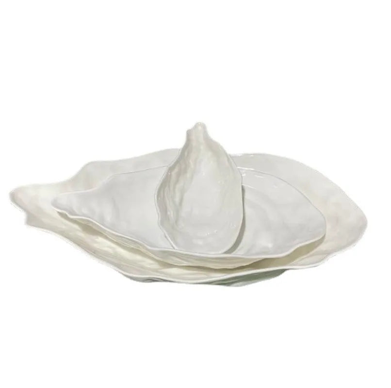 Pure White Oyster Bowl Plate Irregular Ceramic Bowl Shaped Salad Fruit Bowl Main Course Decorative Plate Household Tableware