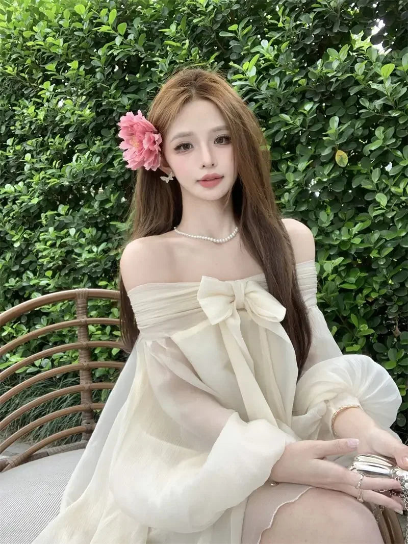 Bow Slash Neck Vestidos Off Shoulder Dress Sexy Sweet Vestido Fairy Mini Loose Dresses Spring 2026 New Long Sleeve Ropa Mujer