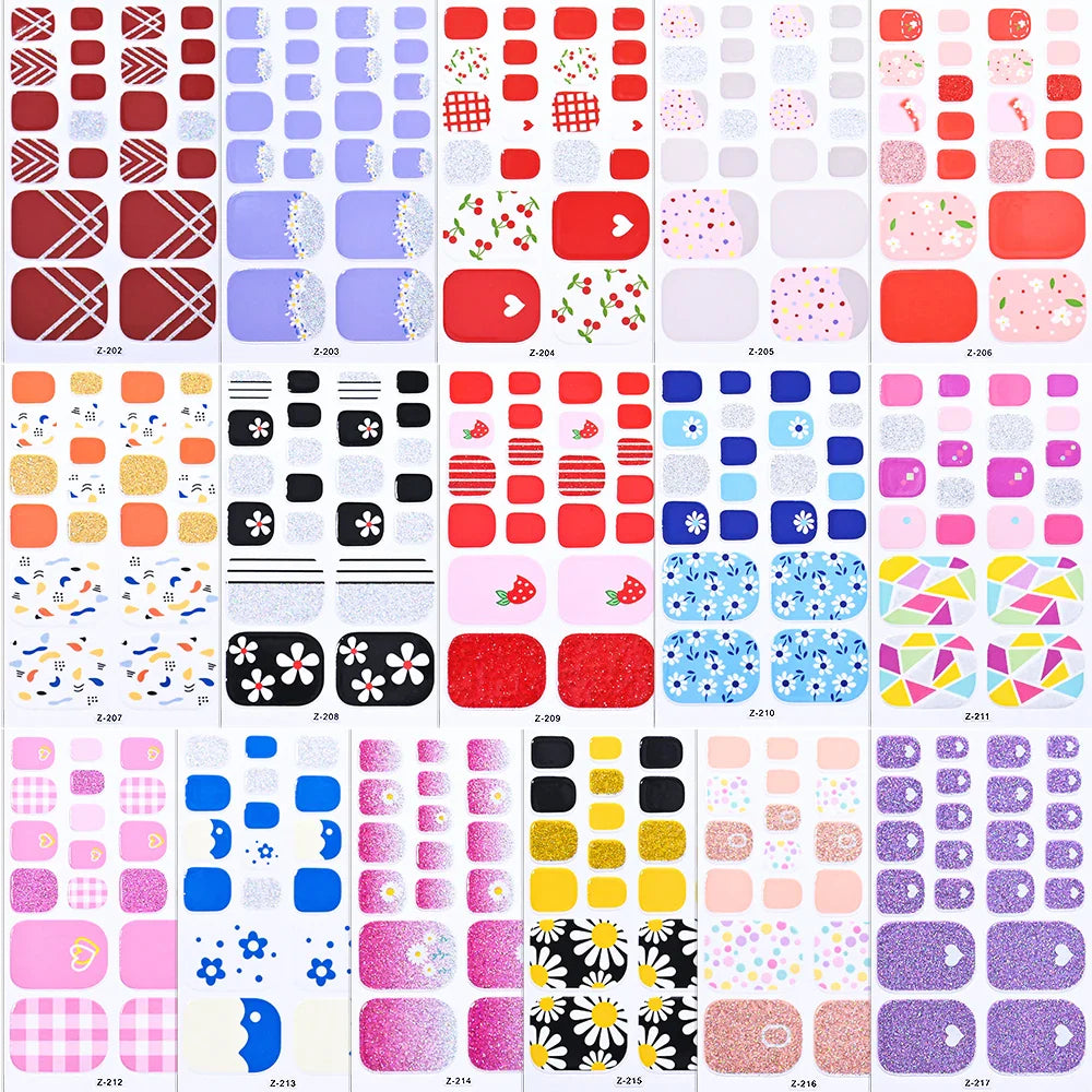 22tips/Sheet Baking Free Daisy Flower Toenail Sticker Full Cover Toe Nail Wraps Glitter Toenail Polish Strips DIY Foot Decals