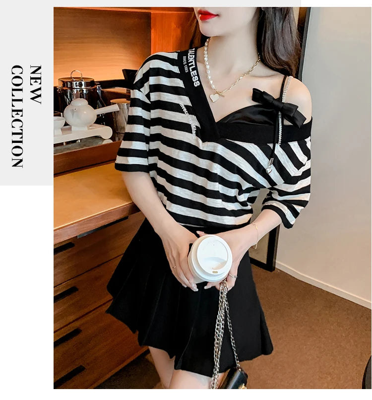 Unique Design oulder Bared ort Sve V-Ne Loose T-irt for Women  Knot Print Splice Asymmetrical Korean Sle