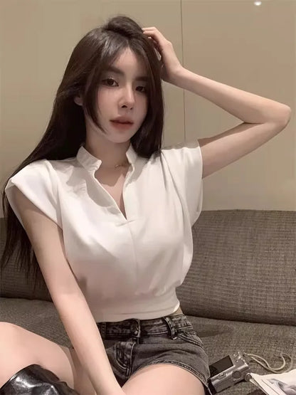 White V-Ne Slim Fit ort Sve T-irt Women's Summer New Sle Small Size Loose Faion Top Korean Sle Commute Wind