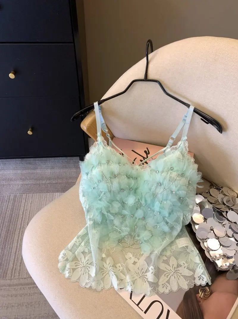 Olivegirl Women's Camis Strap Vest Mint Green Stamping Flower Lace 2026 Spring Summer Sweet Mesh Top with Chest Cushion Bra