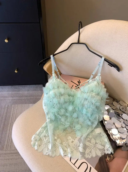 Olivegirl Women's Camis Strap Vest Mint Green Stamping Flower Lace 2026 Spring Summer Sweet Mesh Top with Chest Cushion Bra