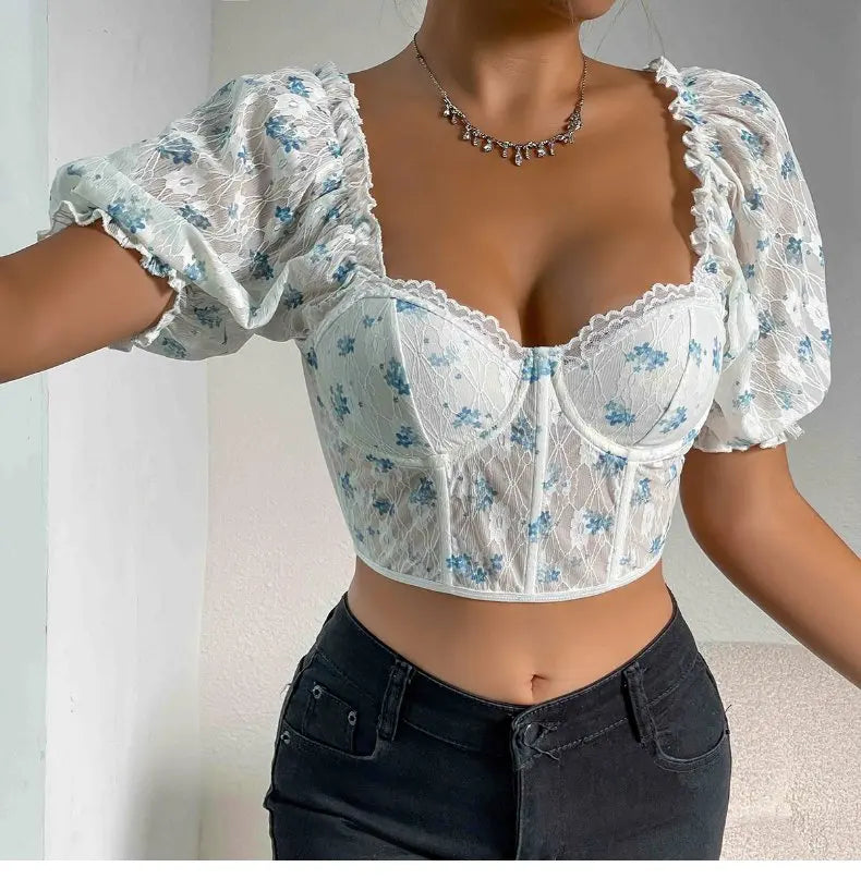 New Sle See-tough Lace Splice Fibone Little Vest ort Sve Women's T-irt Floral Sve European Sle Summer Top