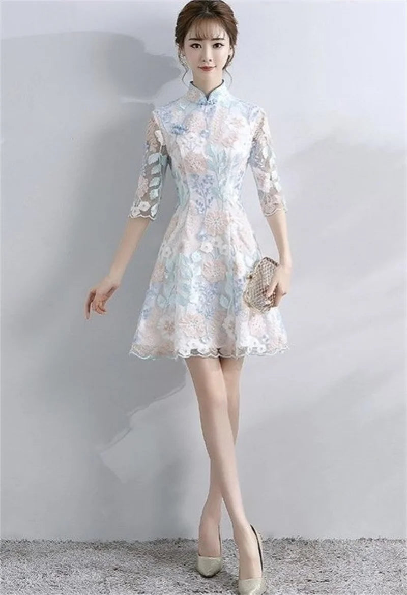 Spring Autumn Female Cheongsam Style Long Dresses Women Half Sleeve Lmproved Maxi Dress 2025 Ladies Fashion Solid Color Vestidos