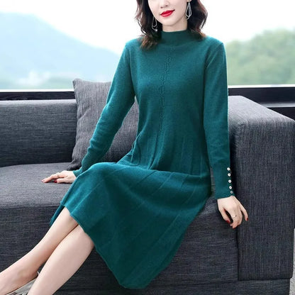 Knitted Coat Dress for Women Autumn Winter Sweater Dress Mid-length Over the Knee Temperament Western Style Inner Layering Skirt