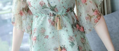 Chiffon Floral V-neck Ruffle Woman Dress Promotion Elegant and Pretty Korean Style Fashion Summer 2025 Chic Dresses for Women