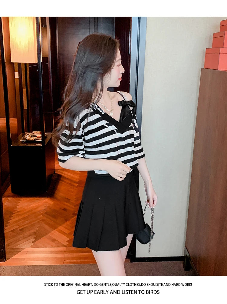Unique Design oulder Bared ort Sve V-Ne Loose T-irt for Women  Knot Print Splice Asymmetrical Korean Sle
