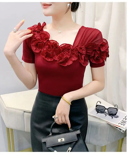 Faionable Floral Lace Ear ort Sve Slimming Me oulder Bared T-Shirt Women's Casual Sle Polyester Fabric Tee irt