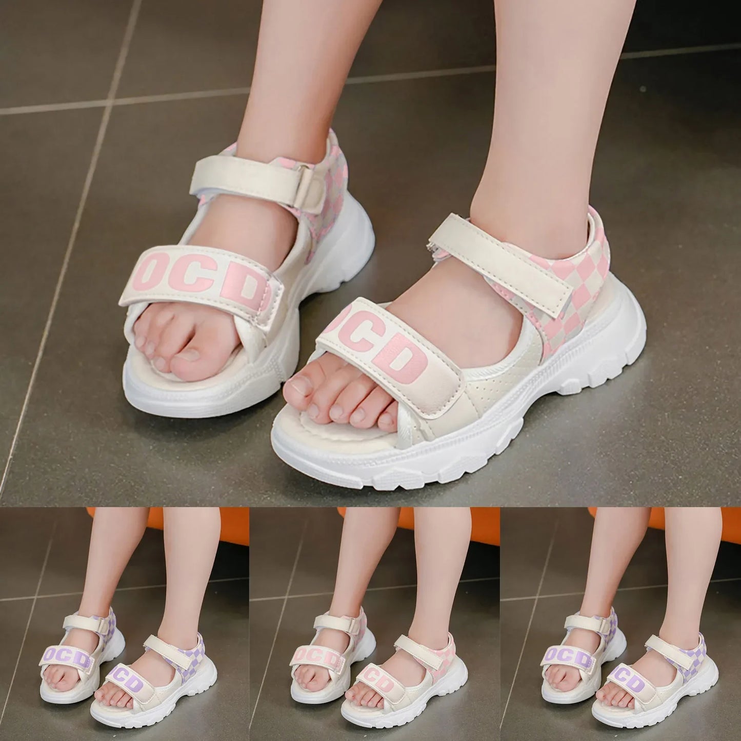 Children's Platform Velcro Sandals Checkerboard Toddler Chunky Heel Platform Sandals Open Toe Outdoor Casual Beach Shoes