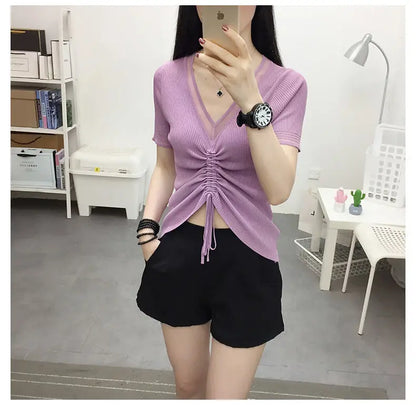 Ice Silk Short Sleeve T-shirt for Women in Summer New Thin V Neck Drawstring Solid Color Casual Tops Fashion Office Clothing