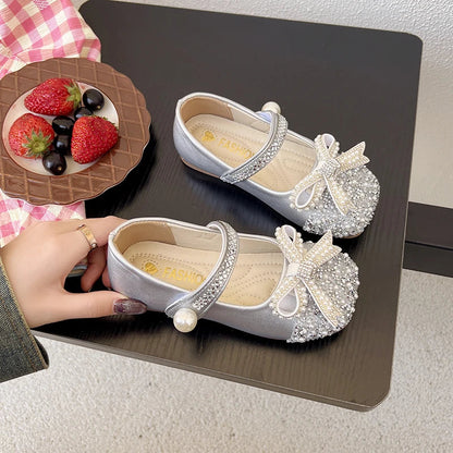 Girls Sparkly Rhinestone Bow Leather Shoes New Spring Toddler School Dance Flats Soft Sole Princess Kid Party Wedding Shoes