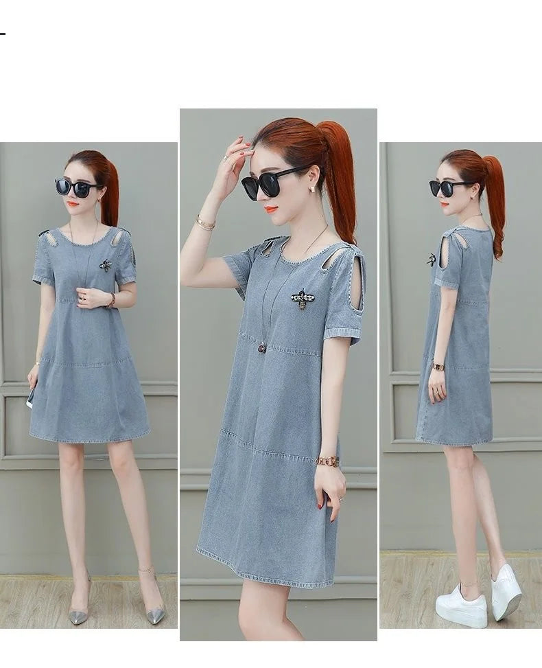 Short sleeved Denim Dress Summer Women's 2024 New College style Fashion Student Loose Dress With pockets Casual Clothing