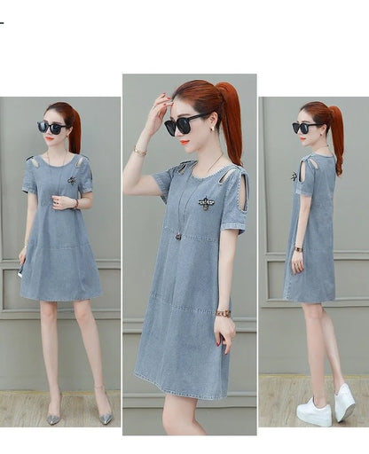 Short sleeved Denim Dress Summer Women's 2024 New College style Fashion Student Loose Dress With pockets Casual Clothing
