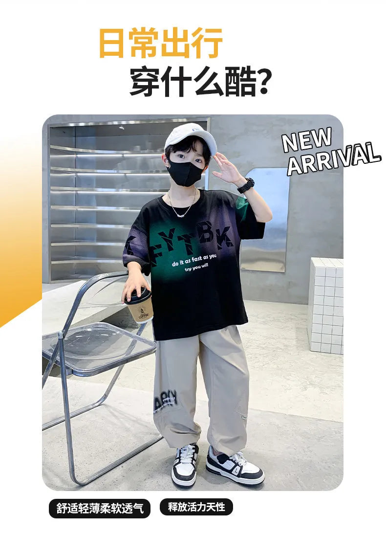 Teenager Boys Clothes Casual Outfit Kids Gradient Tracksuit Child t shirt + ankle tie pant