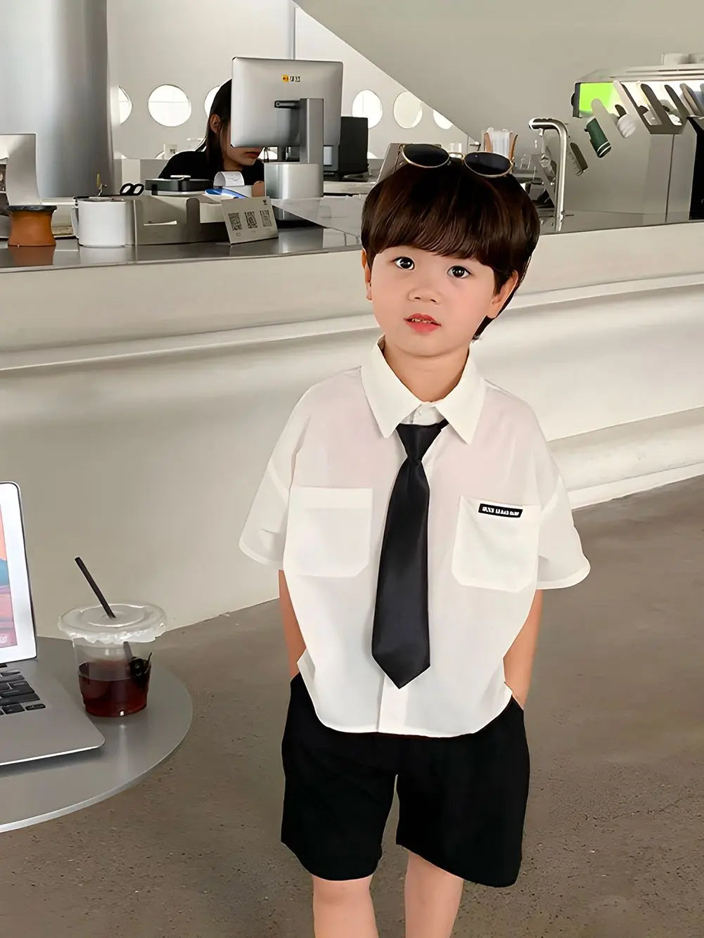 Teens Boys Summer Set Children's Wear Thin 2025 New Handsome British Style Boy White Cotton Short Sleeved Shirt+Black Shorts+Tie
