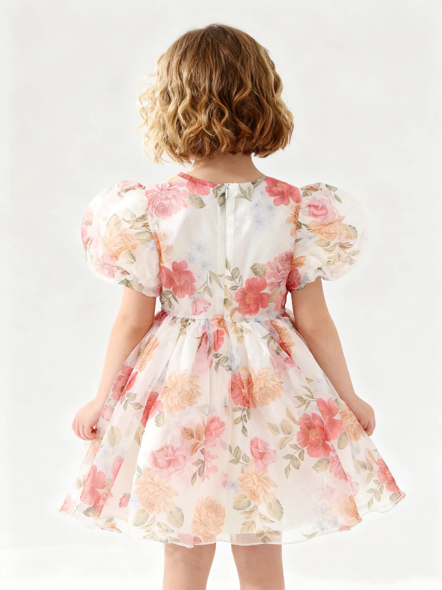 Girl's Summer Princess Dress With Ruffled Bubble Sleeves And Flower Print In Organza For Kids