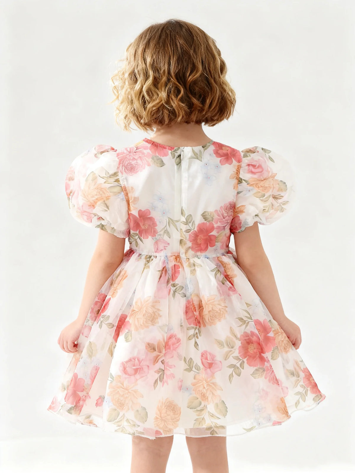 Girl's Summer Princess Dress With Ruffled Bubble Sleeves And Flower Print In Organza For Kids