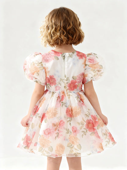 Girl's Summer Princess Dress With Ruffled Bubble Sleeves And Flower Print In Organza For Kids