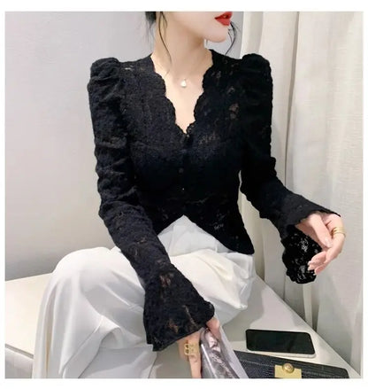 Spring Summer Lace T-shirt Slim Women V-neck Long Sleeve Shirt Button Irregular Short Tops Puff Sleeves Vintage Chic Design Tees