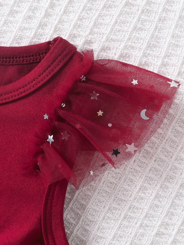 Girls' Burgundy Star Dress: Ruffle Sleeve Bow Tulle Party Outfit