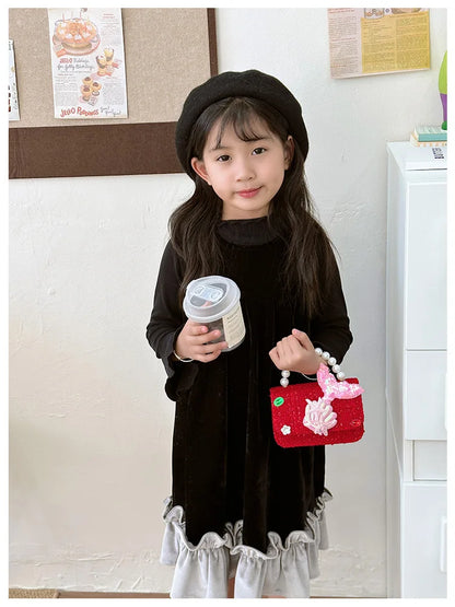 Sweet Bow Children's Small Square Shoulder Bag Sequin Lace Princess Girls Crossbody Bags Pearl Handle Coin Purse Handbags Gifts