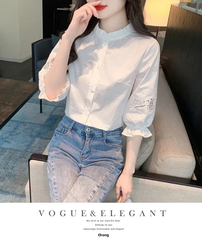 Ele Embroidered ort Sve irt Women's Summer New Design Korean Sle Commute Lantern Sve White irt for Ladies