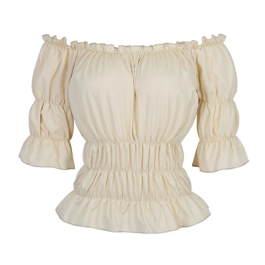 Women Renaissance Peasant Blouse Peplum Top Ruffle Sleeve Off-Shoulder Shirts 3/4 Sleeve Elastic Waist