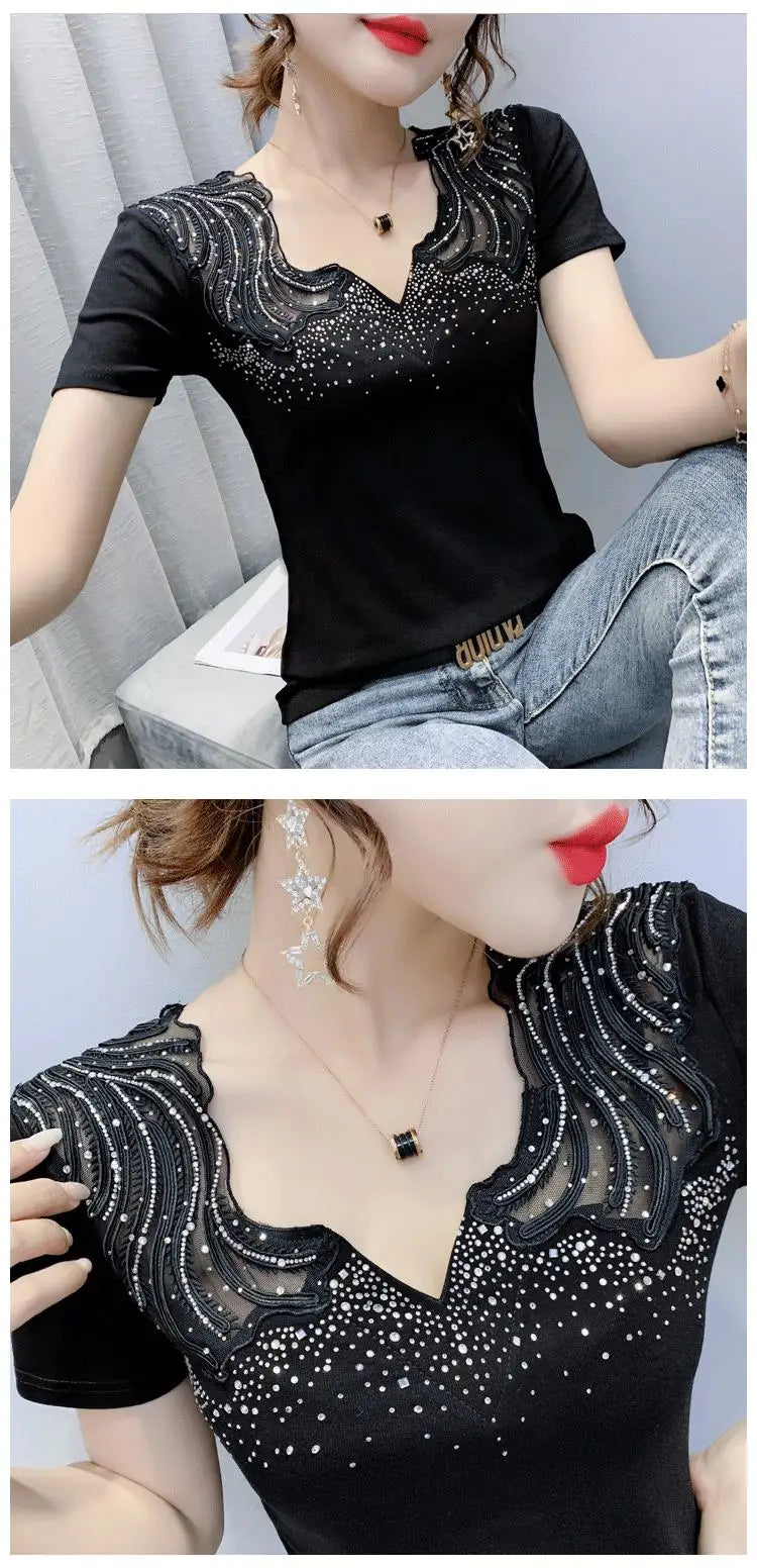 Sexy Hollow out V-Ne Rhinestone ort Sve T-irt Women Summer New Lace Me Top Trendy Anti-Aging Versatile Small irt