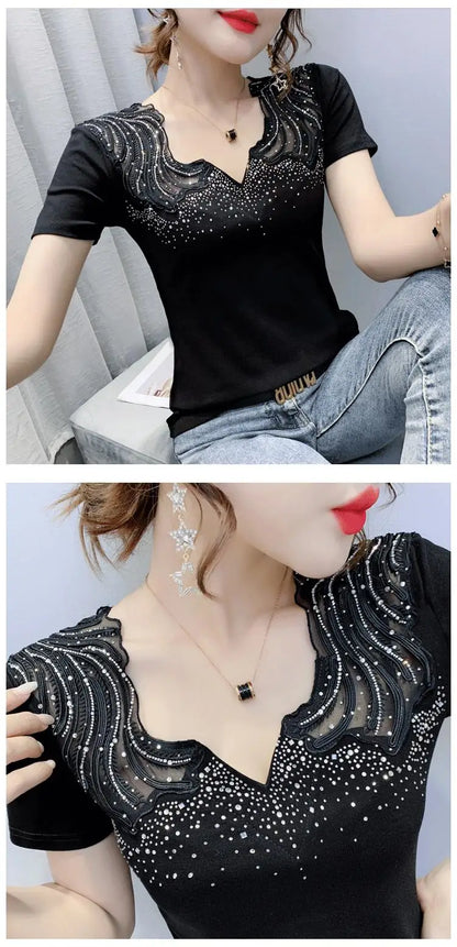 Sexy Hollow out V-Ne Rhinestone ort Sve T-irt Women Summer New Lace Me Top Trendy Anti-Aging Versatile Small irt