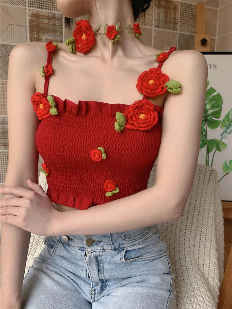 Camis Women 3D Decoration Patchwork Crop Top Slim Design Retro Classic Sexy Basic Korean Style Ulzzang Ins Holiday College Young
