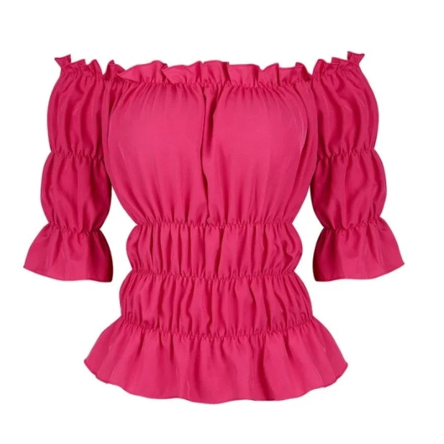 Women Renaissance Peasant Blouse Peplum Top Ruffle Sleeve Off-Shoulder Shirts 3/4 Sleeve Elastic Waist