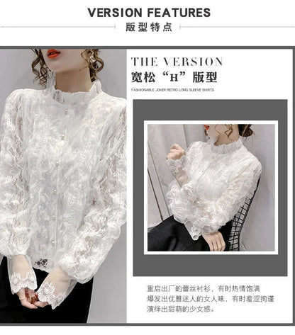 Blouse Women Shirt Lace Long Sleeve Women's Clothing Spring Lantern Sleeve Stand Collar Cardigan Top Blusas Mujer De Moda
