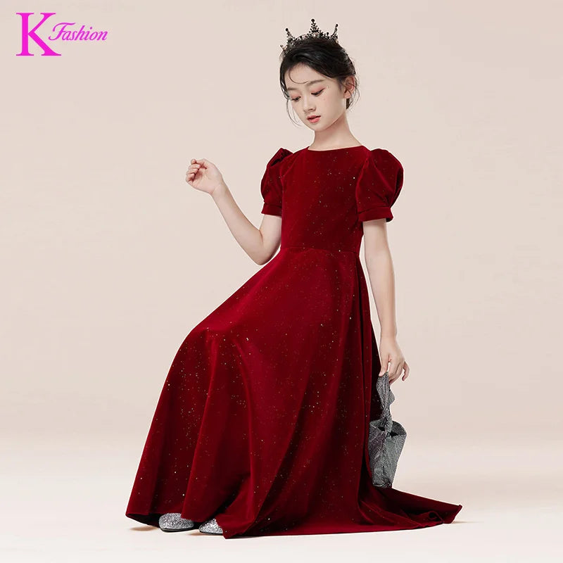 Kids Party Dress Clothing For Birthday Princess  Wine Red Piano Wedding Flower Girl 5-17 Years Old  Host Children's Formal Dress