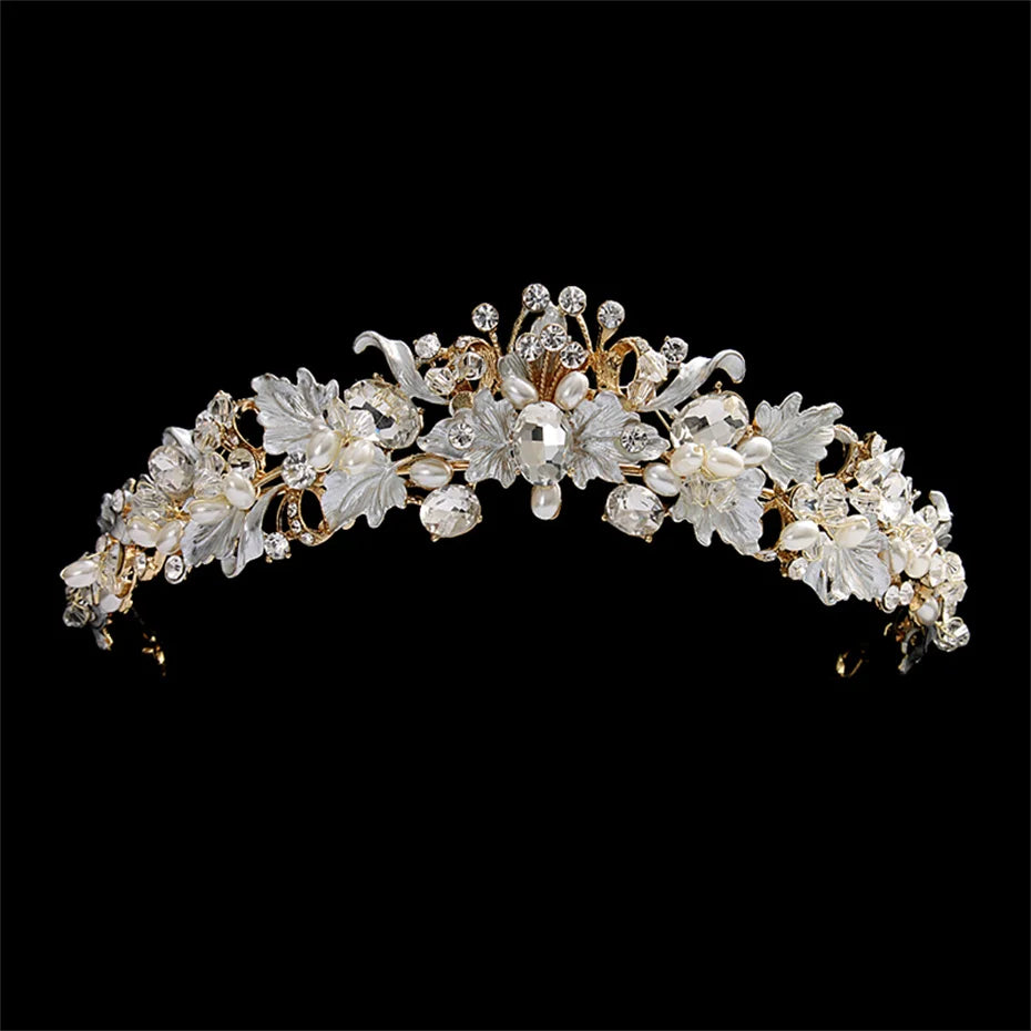 Efily Gold Color Wedding Tiaras and Crowns for Pearl Rhinestone Headband Bride Headpiece Jewelry