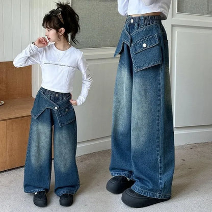 Autumn Trendy Korean Style Flared Jeans for Girls - Medium & Large Kids, Ruffled Long Pants for Junior High Students
