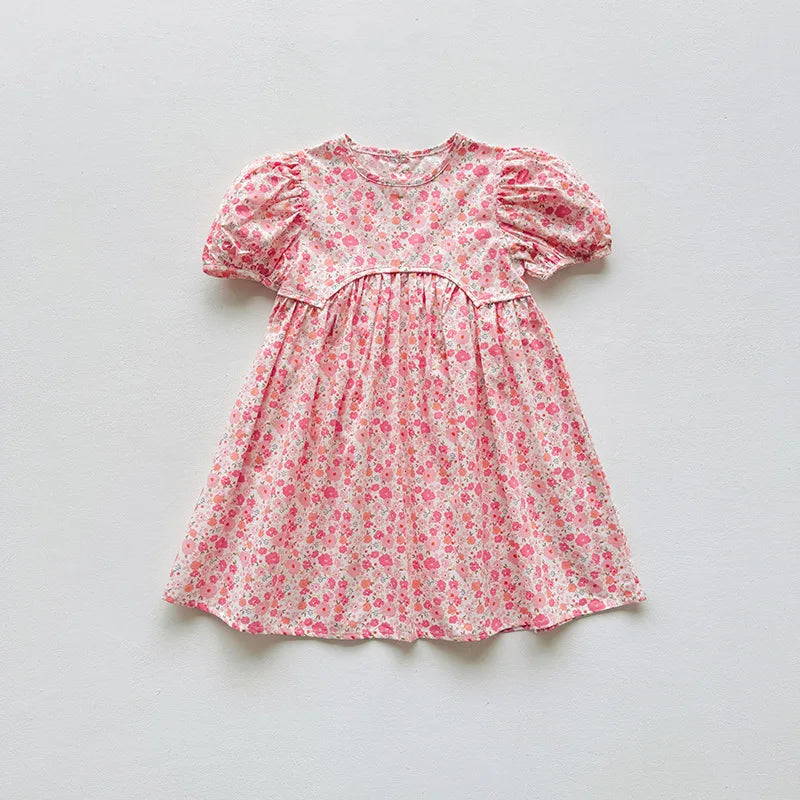 Summer Kids Girls Dresses Short Sleeve A Line Girls Dresses Floral Print Pleated Dress For Girl