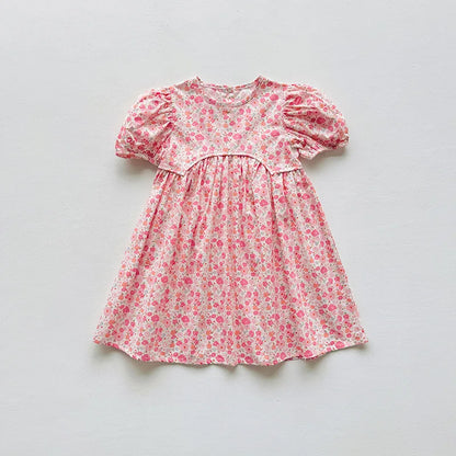 Summer Kids Girls Dresses Short Sleeve A Line Girls Dresses Floral Print Pleated Dress For Girl