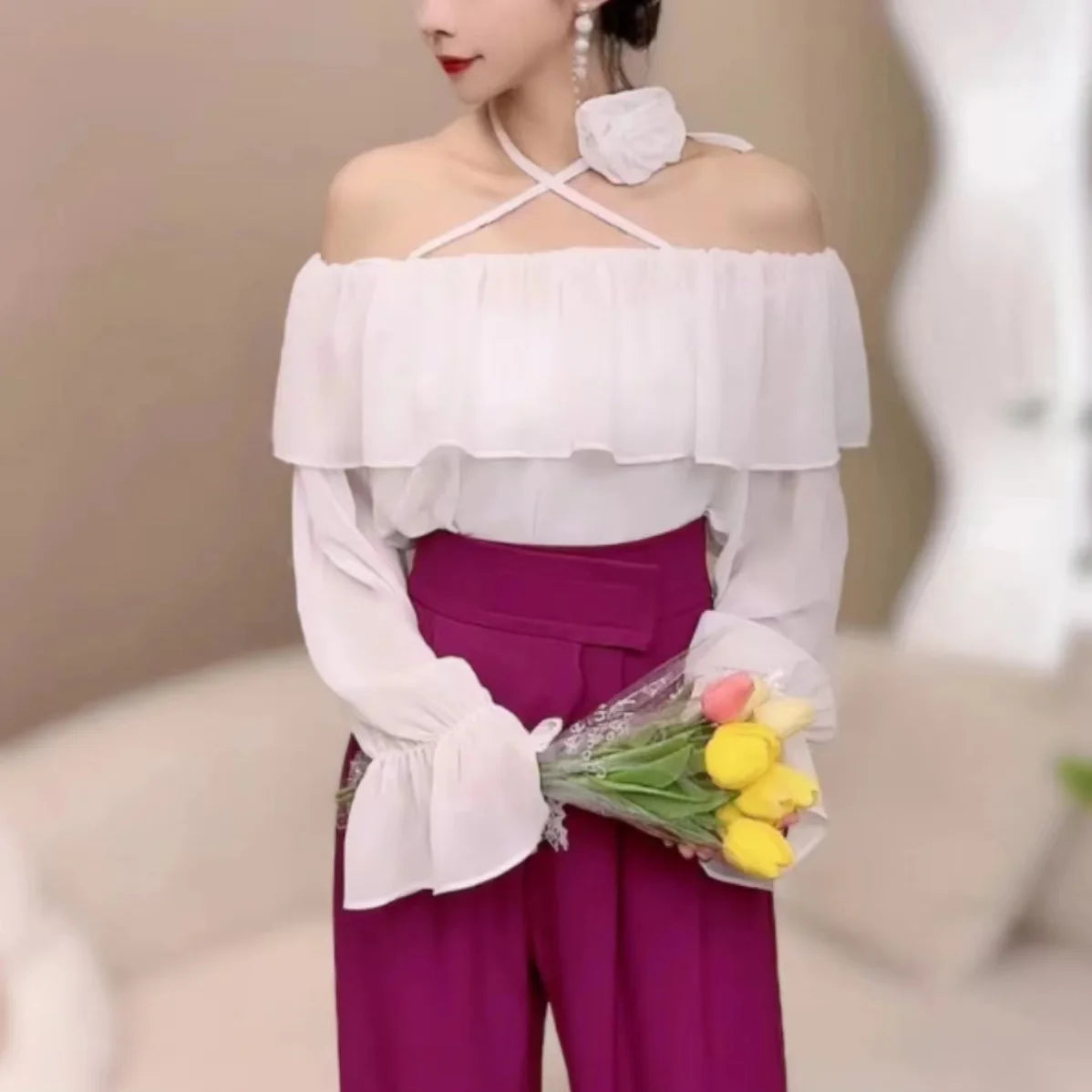 Ele Pure Color One-oulder ort Flared Sve Chiffon Top Women's Korean Sle Spring New Faion Loose Fit Top