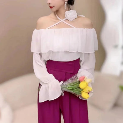 Ele Pure Color One-oulder ort Flared Sve Chiffon Top Women's Korean Sle Spring New Faion Loose Fit Top