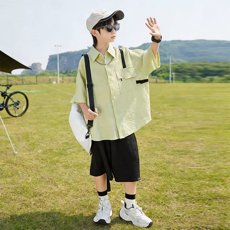 New Children Summer Thin Short Sleeved Shirt Shorts Two Piece Set Children Stylish Clothing Trend
