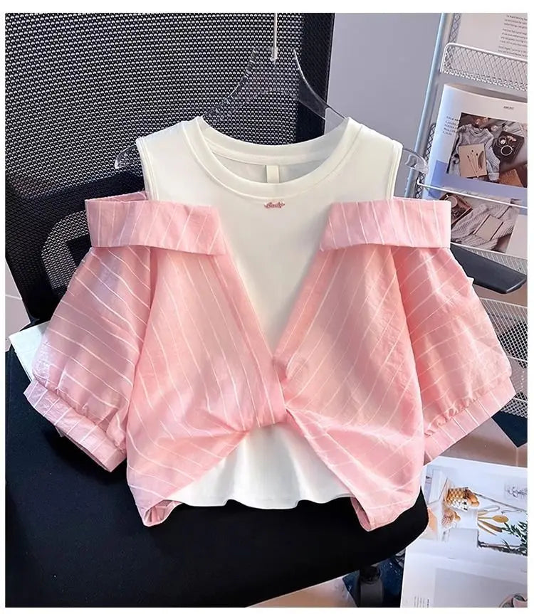 Girls' Western style loose fitting shirt new children's off shoulder top T-shirt fake two-piece top