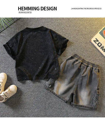 Baby Boys Summer Clothes Fashion Crew Neck Children Tracksuit Letter Printed T-shirt Denim Shorts 2pcs Suit Kids Outfit 2-11Y