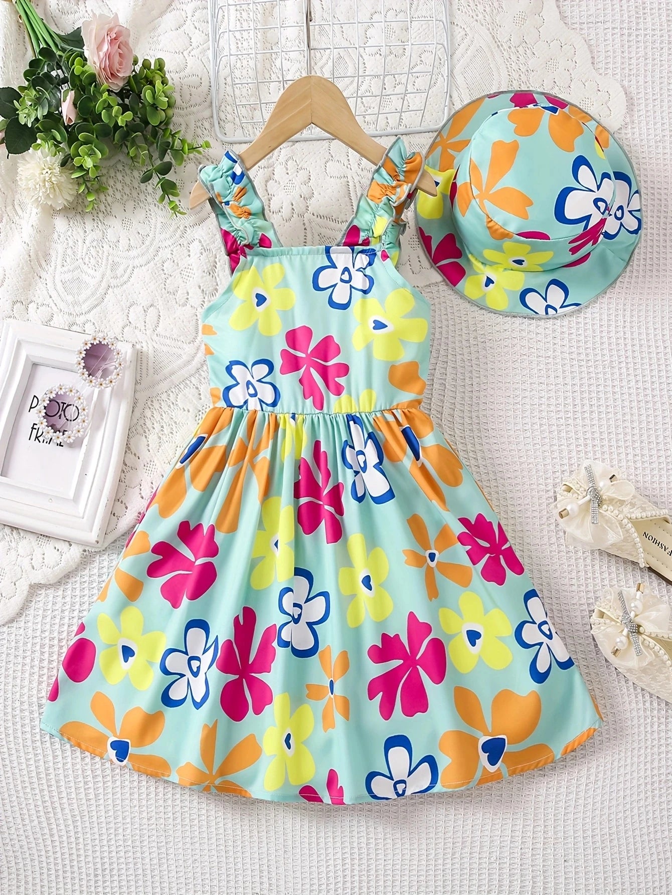 Summer fashion dress for girls, floral print pattern, ruffled camisole dress+hat